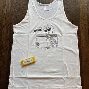 T-SHIRT Tacocat Woman’s Day MEDIUM White Tank Top w/ Crayons AMERICAN APPAREL